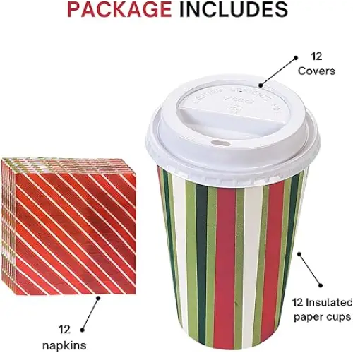 4E’s Novelty Christmas Paper Cups Disposable 16 oz With Lids & Napkins (12 Packs) for Christmas Hot Cocoa Party