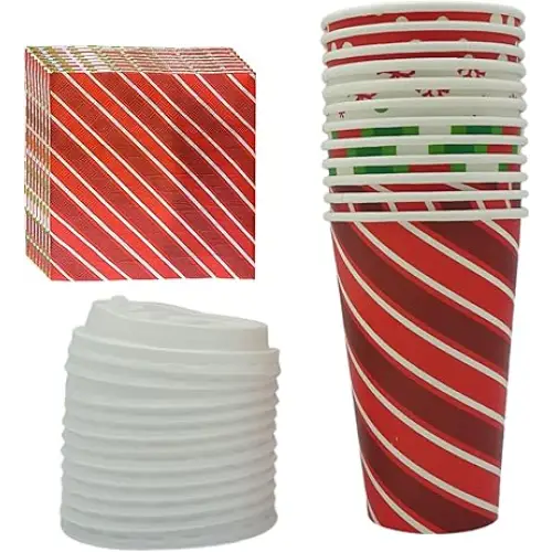 4E’s Novelty Christmas Paper Cups Disposable 16 oz With Lids & Napkins (12 Packs) for Christmas Hot Cocoa Party