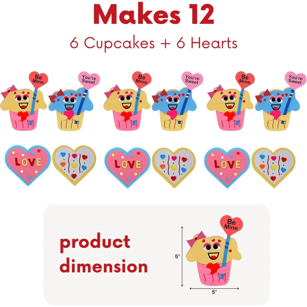 4E’s Novelty DIY Foam Cupcake & Heart Craft Kit – 12-Pack Valentine Crafts for Kids’ Classroom