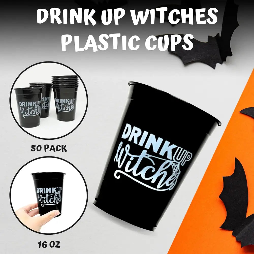 4Eโs Novelty Drink Up Witches Halloween Disposable Cups 50 Pack 16 oz โ Black Plastic Cups Plastic Cups for Party