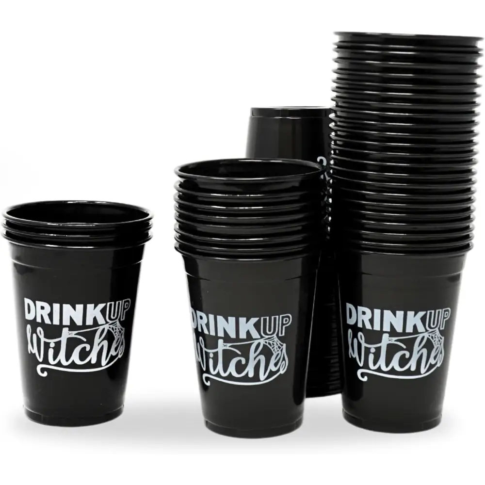 4Eโs Novelty Drink Up Witches Halloween Disposable Cups 50 Pack 16 oz โ Black Plastic Cups Plastic Cups for Party