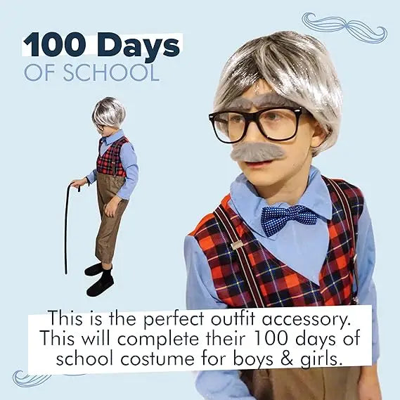 4E’s Novelty Fake Mustache & Eyebrows – Old Man Costume Accessory for 100th Day of School - Costumes & Accessories