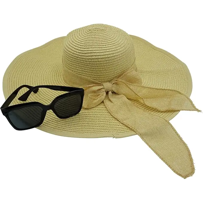 4Eโs Novelty Floppy Sun Hat with Sunglasses UPF 50 + Packable Straw Hat for Women Adjustable Beach Hat Travel