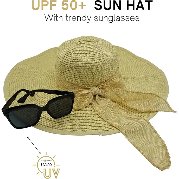 4Eโs Novelty Floppy Sun Hat with Sunglasses UPF 50 + Packable Straw Hat for Women Adjustable Beach Hat Travel