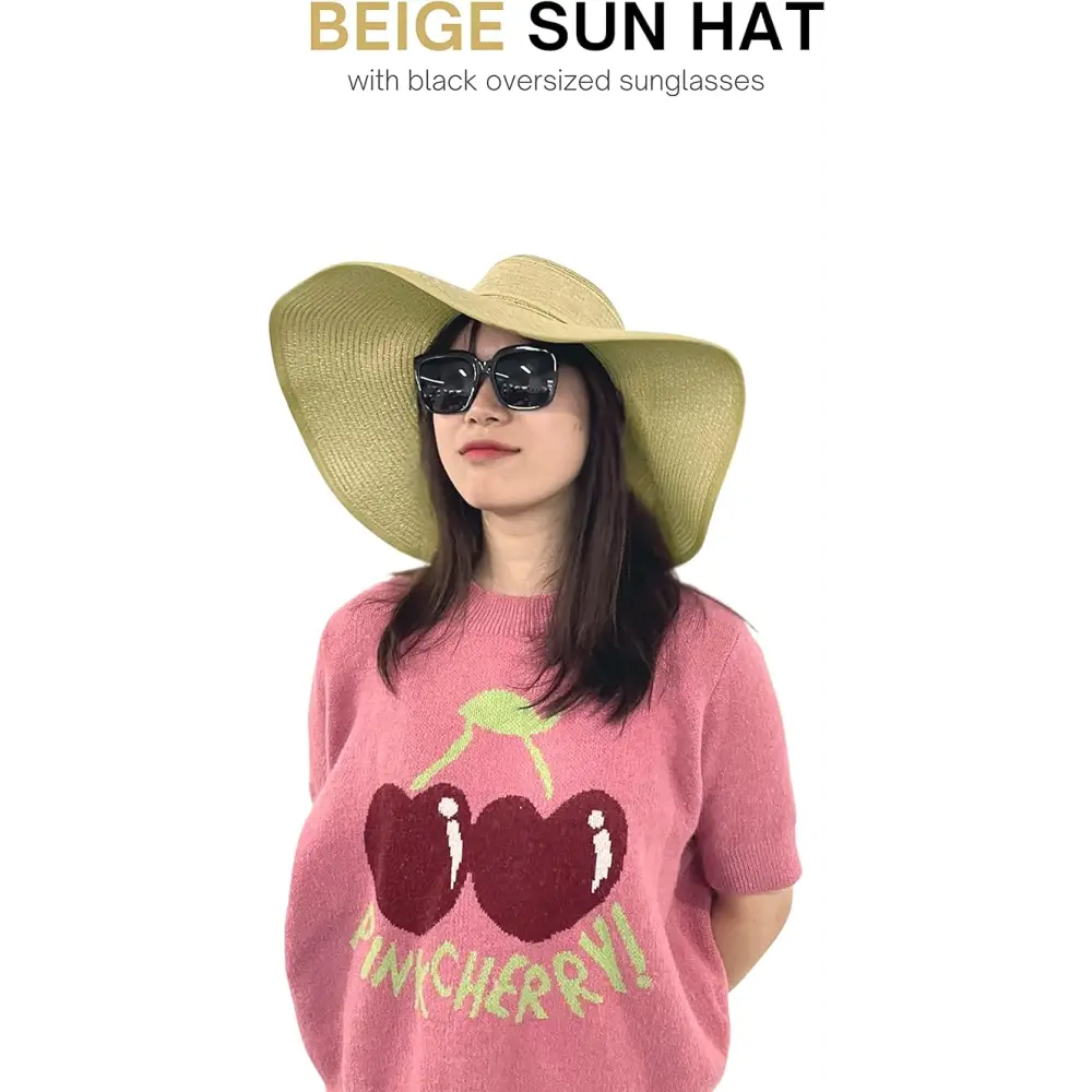 4Eโs Novelty Floppy Sun Hat with Sunglasses UPF 50 + Packable Straw Hat for Women Adjustable Beach Hat Travel