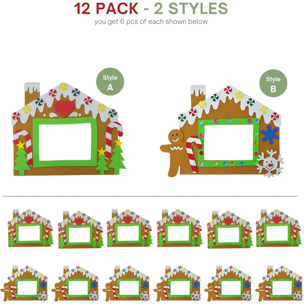 4E’s Novelty Foam Gingerbread House Picture Frame Craft (12 Pack) – DIY Self Adhesive Christmas Photo Magnet Craft Kits