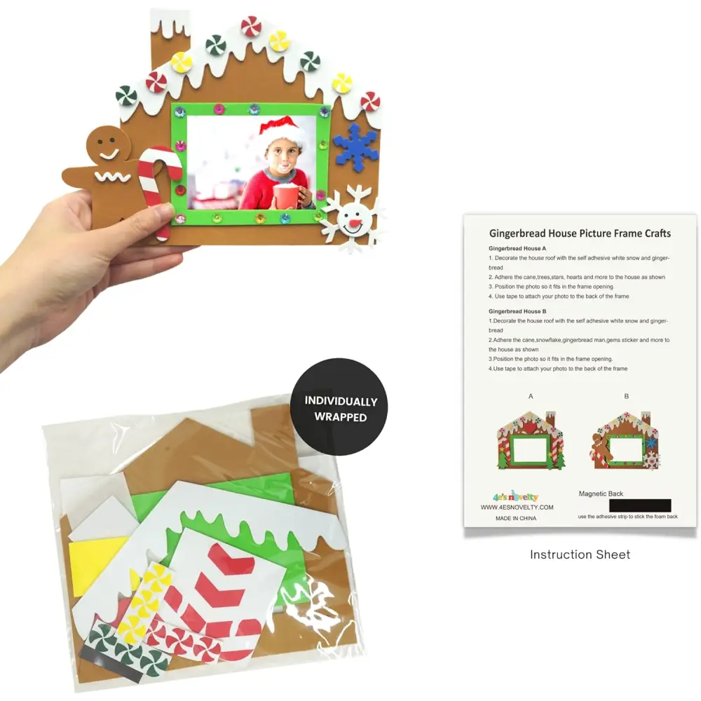 4E’s Novelty Foam Gingerbread House Picture Frame Craft (12 Pack) – DIY Self Adhesive Christmas Photo Magnet Craft Kits