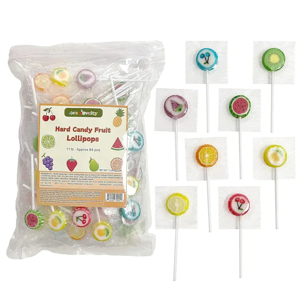 4E’s Novelty Fruit Lollipops Bulk Set – 84 Individually Wrapped Suckers for Parties & Treat Bags 1.1lb - Party Supplies