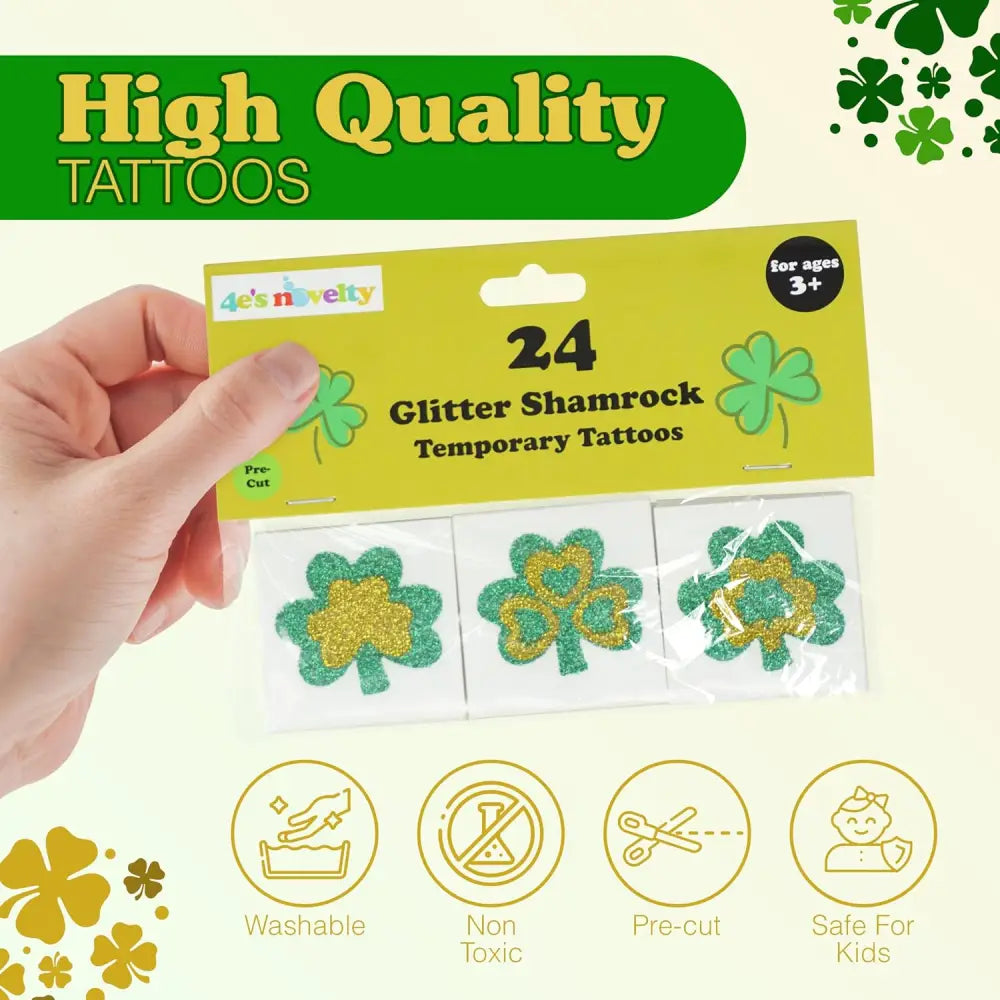 4E’s Novelty Glitter Shamrock Tattoos – 24 Pack St. Patrick’s Day Party Accessories for Kids & Adults