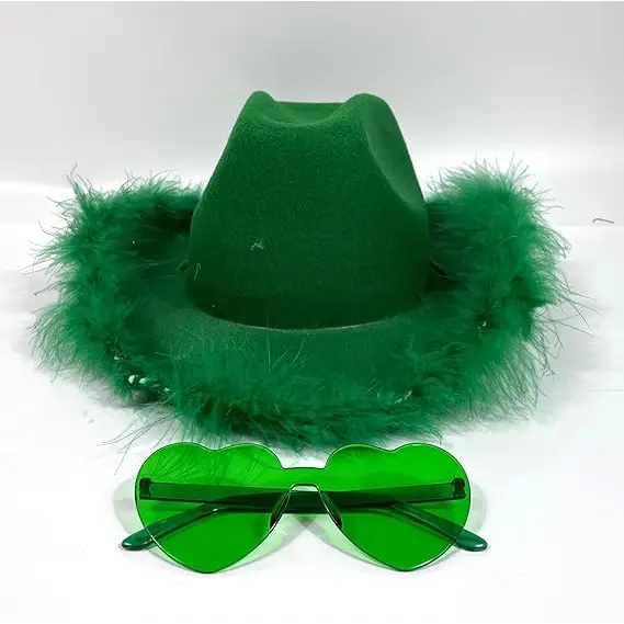 4E's Novelty Green Cowboy Hat with Feather and Heart Shaped Sunglasses, Cowgirl Hat for Women, Western Party Dress Up Fashion Accessories for Adults