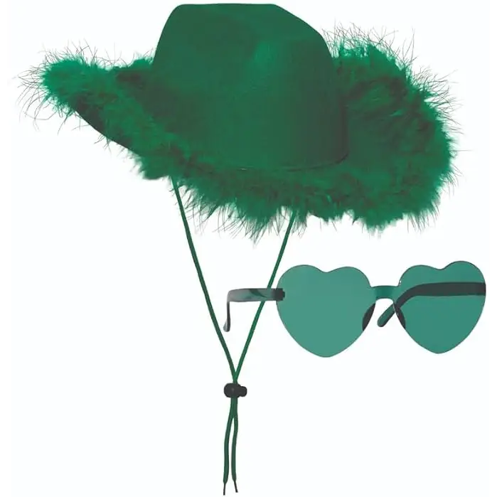 4E’s Novelty Green Cowboy Hat with Feathers & Heart-Shaped Sunglasses - Perfect Cowboy Outfit Accessory Cowboy Hat
