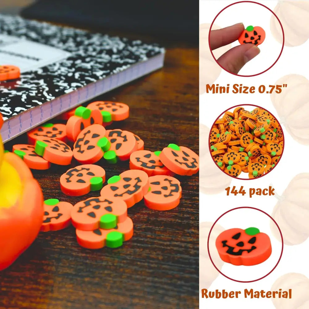 4E’s Novelty Halloween Mini Pumpkin Erasers Bulk 144 pcs – Fun Classroom Supplies and Party Favors - Educational Toys
