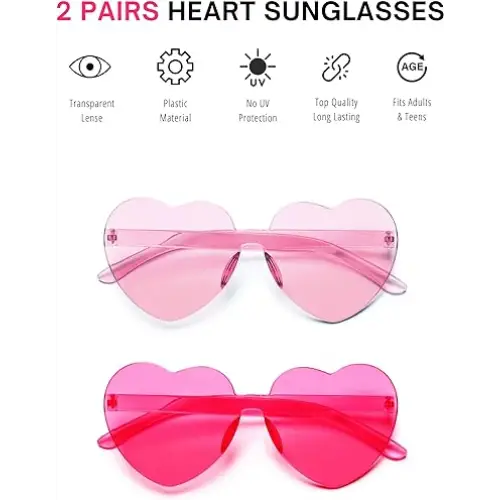 4E’s Novelty Heart Sunglasses 2-Pack – Hot Pink Glasses for Parties Festivals & Valentine Costumes