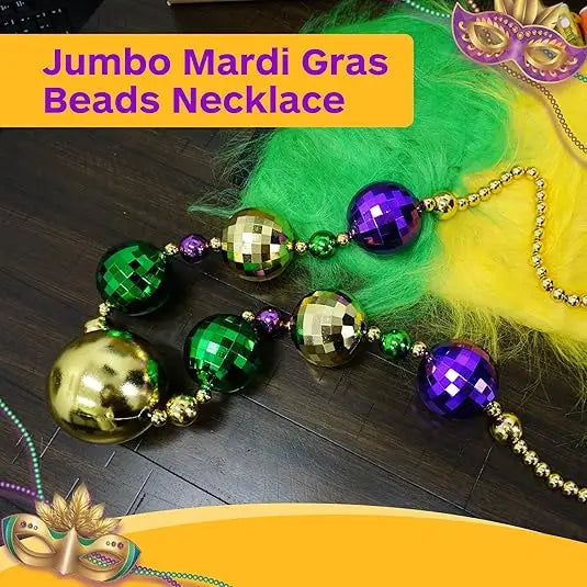 4E’s Novelty Jumbo Mardi Gras Bead Necklace – Purple Gold Green Disco Ball Design