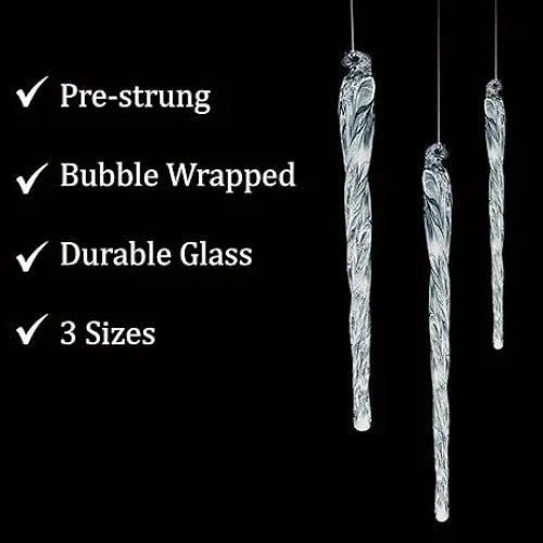 4E’s Novelty Large Glass Icicle Ornaments for Christmas Tree 7’’ 5.5’’ 3.5’’ (Set of 24) - Clear Glass Christmas Tree
