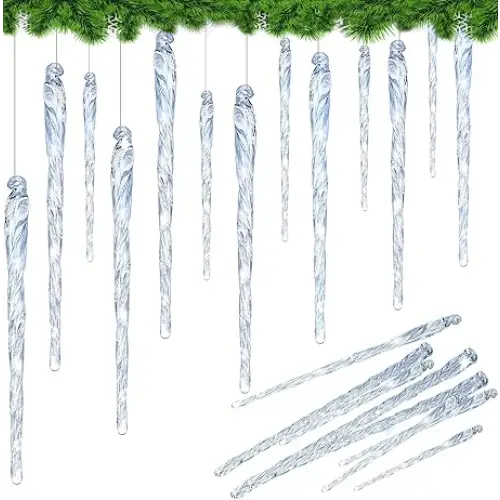 4E’s Novelty Large Glass Icicle Ornaments for Christmas Tree 7’’ 5.5’’ 3.5’’ (Set of 24) - Clear Glass Christmas Tree