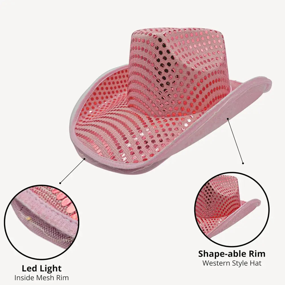 4E’s Novelty Light Up Pink Cowgirl Hat – Sequin Disco Cowgirl Hat with LED Lights for Women & Teens - Costume