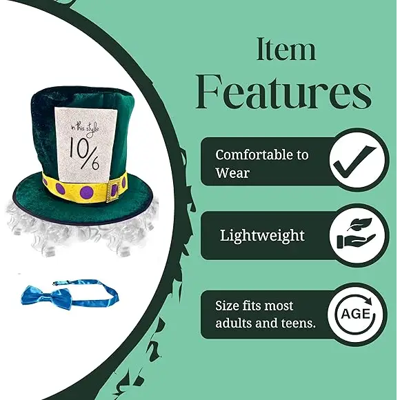 4E’s Novelty Mad Hatter Costume Set – Velvet Top Hat Wig & Bowtie