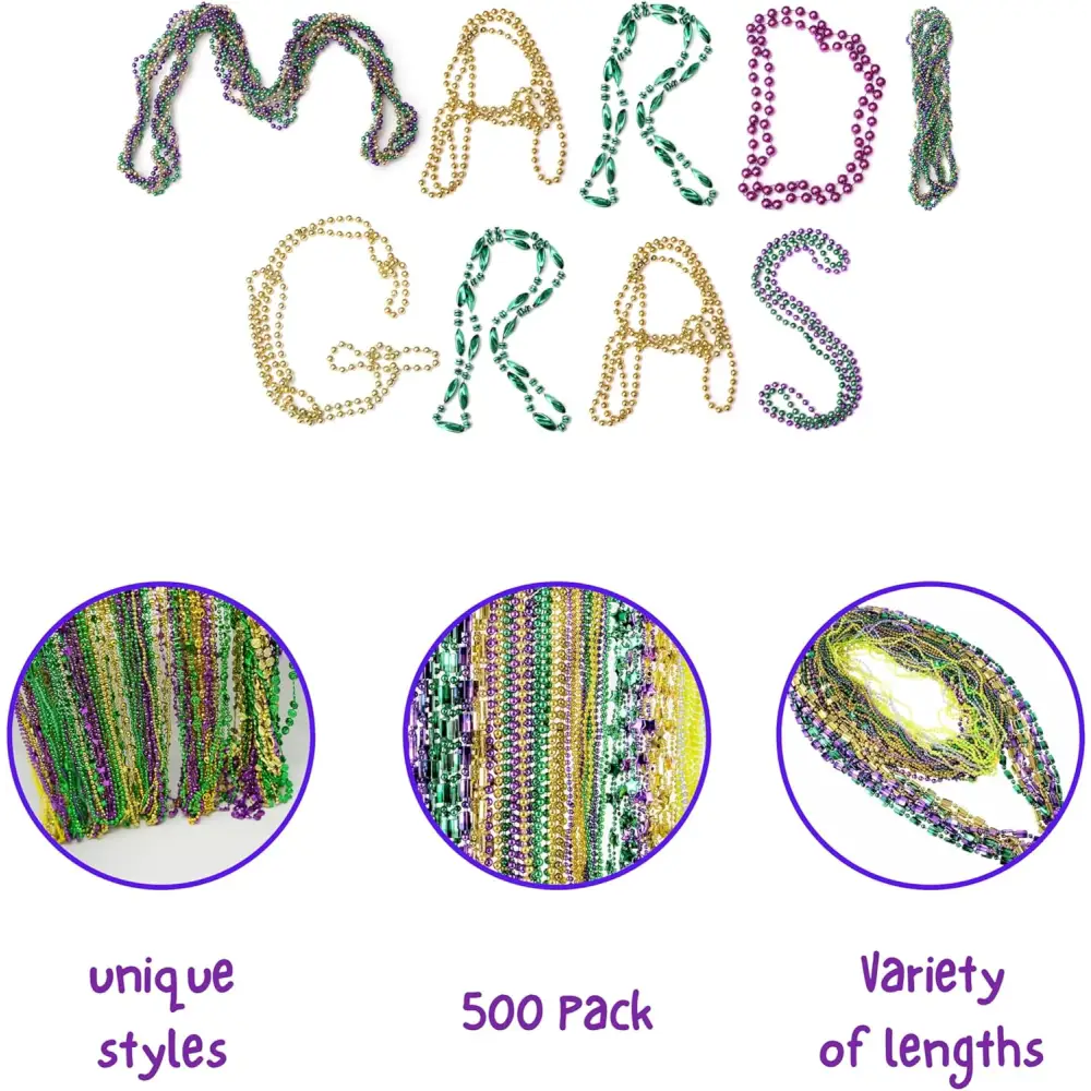 4Eโs Novelty Mardi Gras Beads Bulk โ 500 Metallic Assorted Necklaces