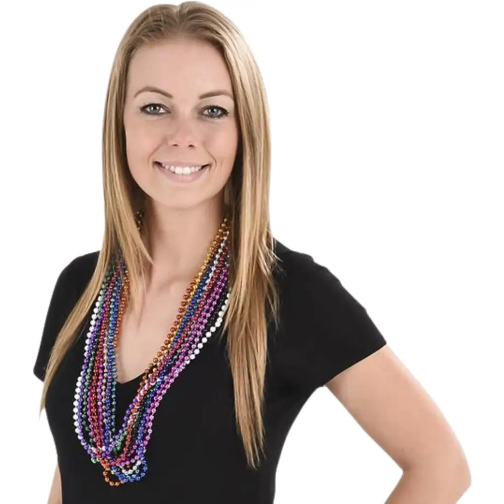 4E’s Novelty Mardi Gras Beads Bulk Set – 144 Pieces 33’’ 6mm Metallic in 12 Colors