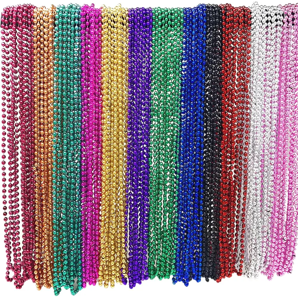 4E’s Novelty Mardi Gras Beads Bulk Set – 144 Pieces 33’’ 6mm Metallic in 12 Colors