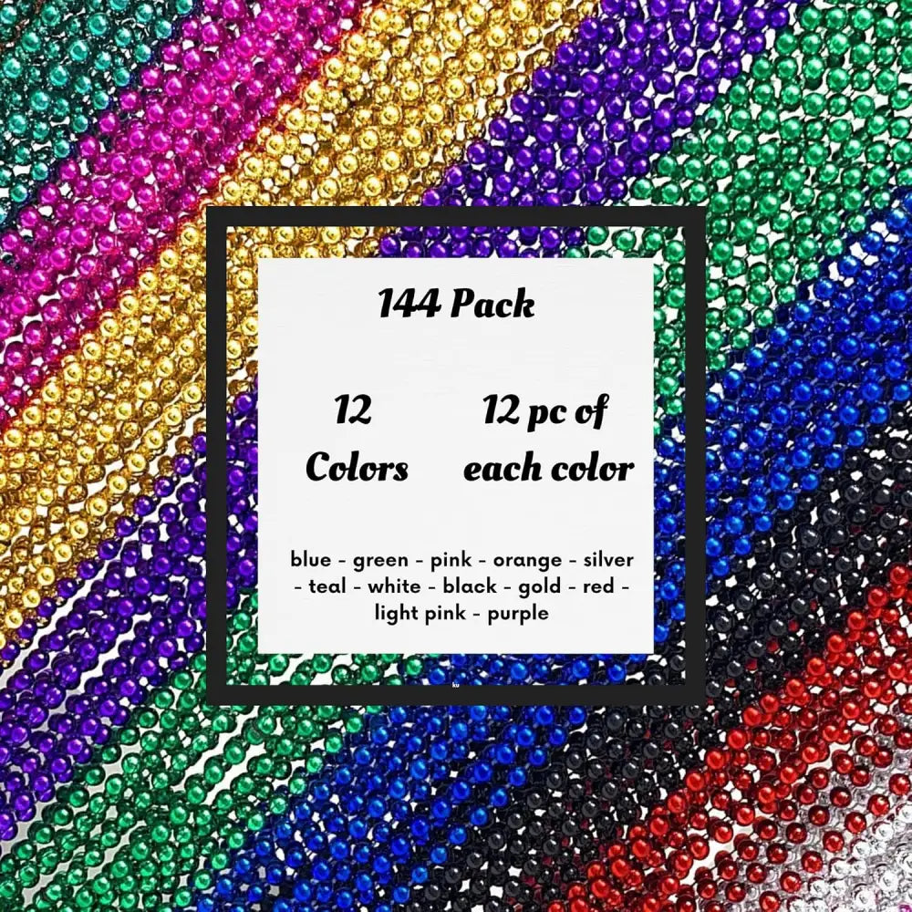 4E’s Novelty Mardi Gras Beads Bulk Set – 144 Pieces 33’’ 6mm Metallic in 12 Colors