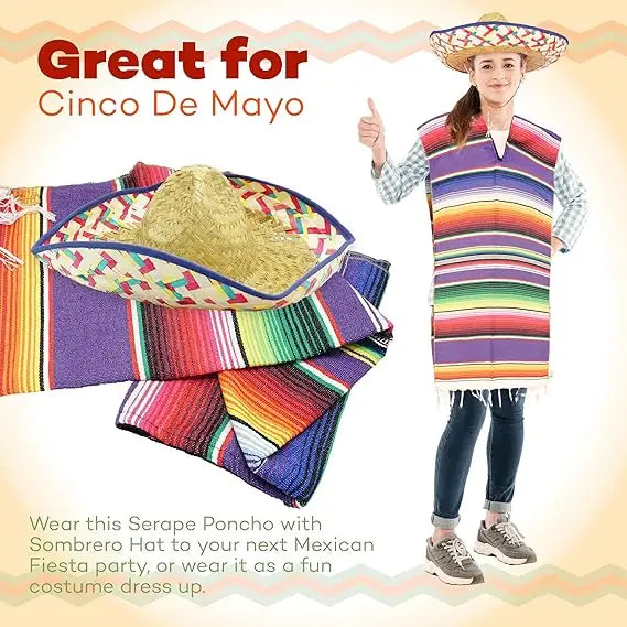 4E’s Novelty Mexican Serape Poncho with Sombrero Hat Costume – Fiesta Party Dress Up