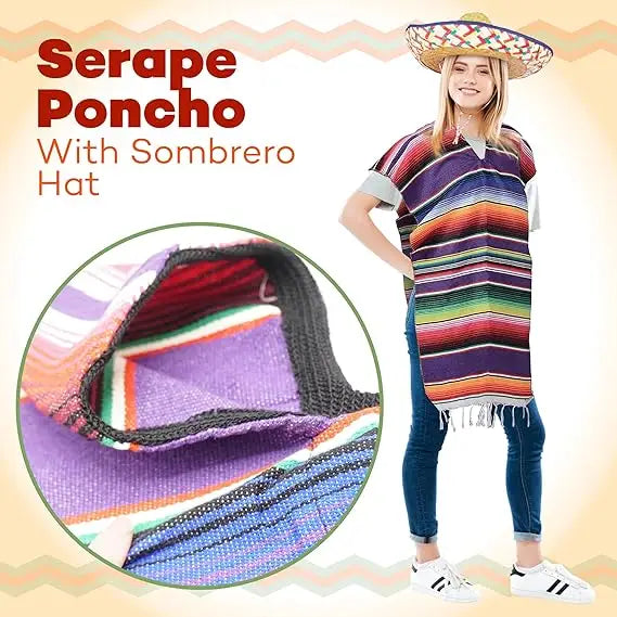 4E’s Novelty Mexican Serape Poncho with Sombrero Hat Costume – Fiesta Party Dress Up