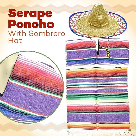4E’s Novelty Mexican Serape Poncho with Sombrero Hat Costume – Fiesta Party Dress Up