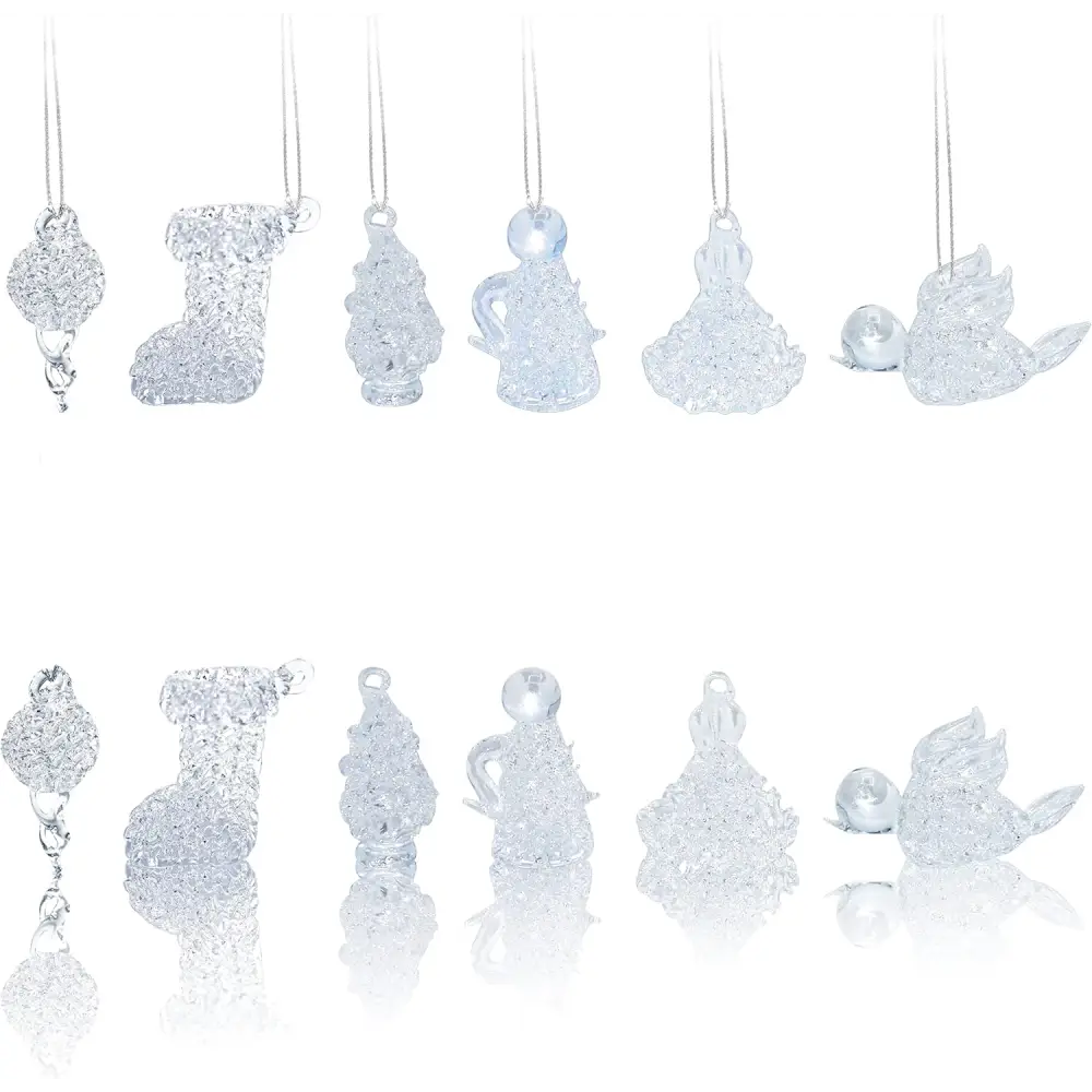 4E’s Novelty Mini Glass Christmas Ornaments 1.5’’ (Set of 12) Ready To Hang Small Clear Glass Ornaments for Mini Tree