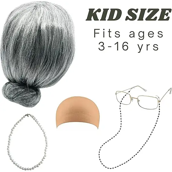 4E’s Novelty Old Lady Costume – 5-Pc Grandma Dress-Up Set for Girls’ 100th Day of School - Costume Accessories