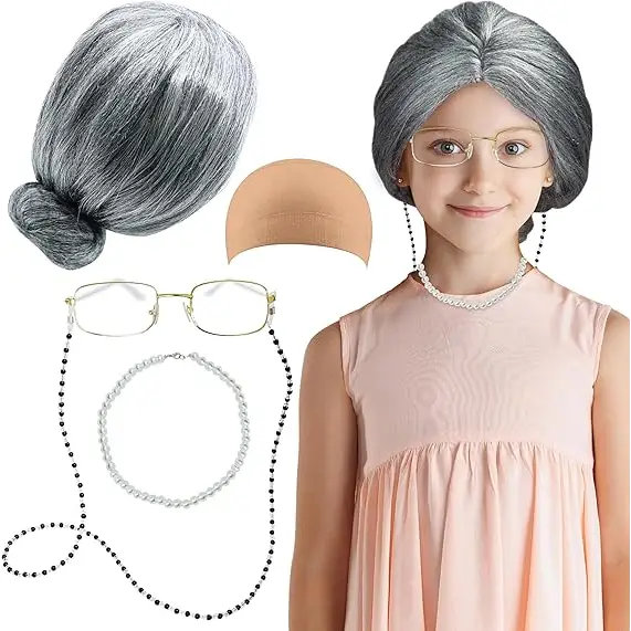 4E’s Novelty Old Lady Costume – 5-Pc Grandma Dress-Up Set for Girls’ 100th Day of School - Costume Accessories