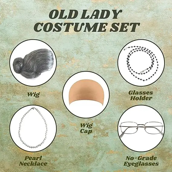 4E’s Novelty Old Lady Costume – 5-Pc Grandma Dress-Up Set for Girls’ 100th Day of School - Costume Accessories