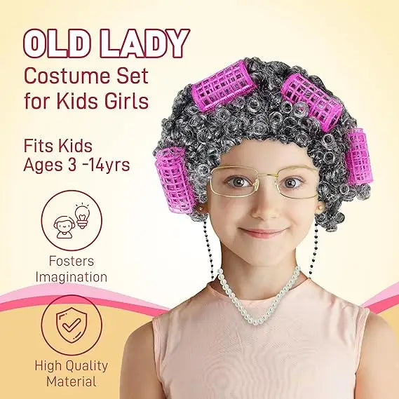 4E’s Novelty Old Lady Costume – 7-Pc Grandma Set with Wig Cane & Glasses for Girls - Costumes & Accessories