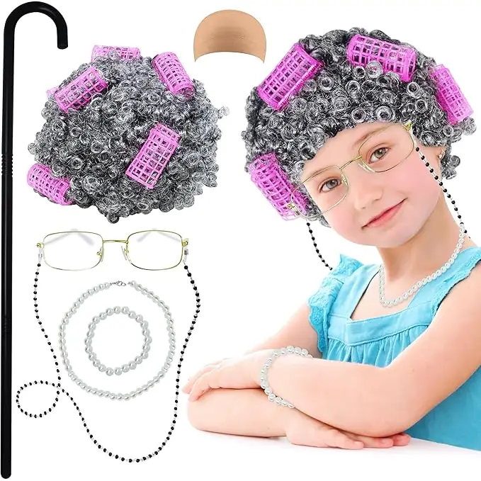 4E’s Novelty Old Lady Costume – 7-Pc Grandma Set with Wig Cane & Glasses for Girls - Costumes & Accessories