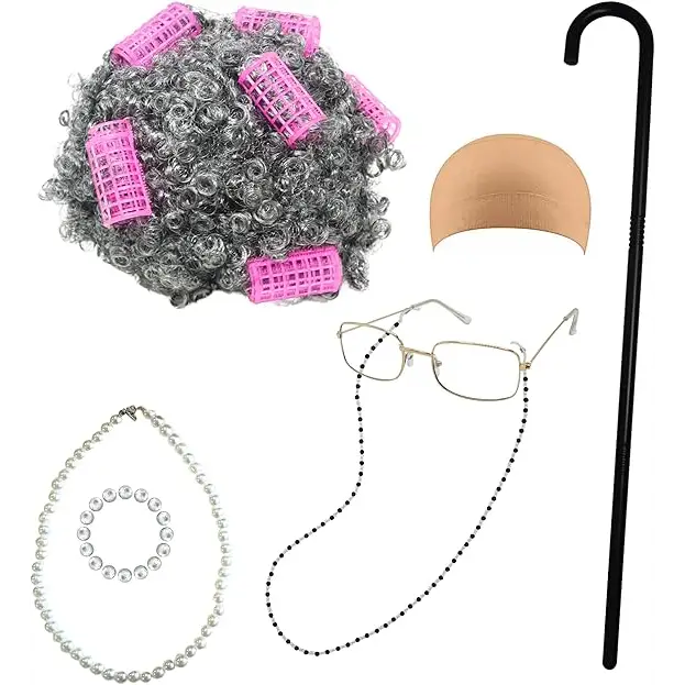 4E’s Novelty Old Lady Costume – 7-Pc Grandma Set with Wig Cane & Glasses for Girls - Costumes & Accessories