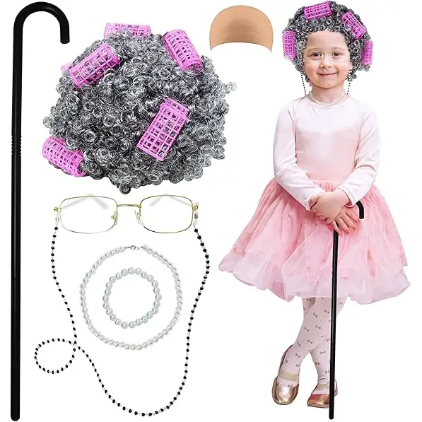 4E’s Novelty Old Lady Costume – 7-Pc Grandma Set with Wig Cane & Glasses for Girls - Costumes & Accessories