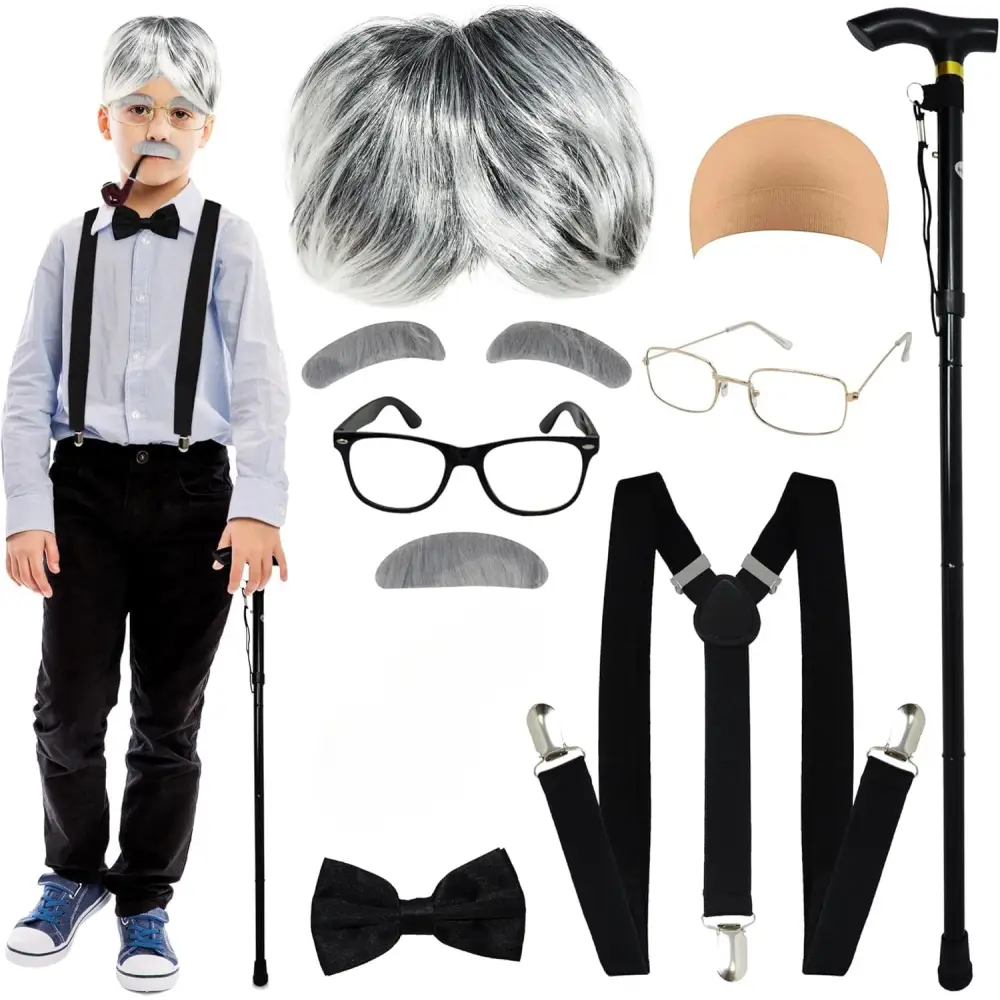 4E’s Novelty Old Man Costume – 10-Pc Grandpa Dress-Up Kit with Wig & Cane for Kids - Costumes & Accessories