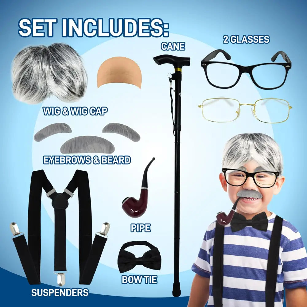 4E’s Novelty Old Man Costume – 10-Pc Grandpa Dress-Up Kit with Wig & Cane for Kids - Costumes & Accessories