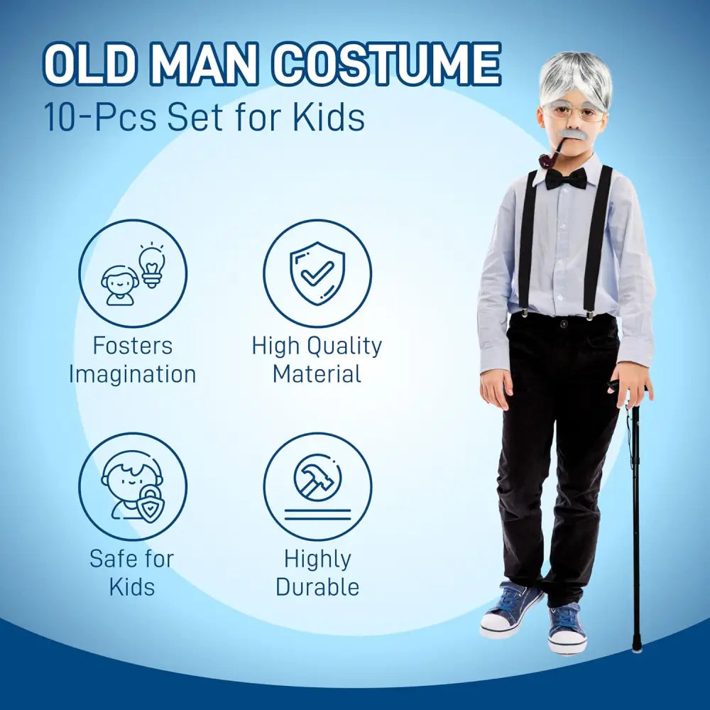 4E’s Novelty Old Man Costume – 10-Pc Grandpa Dress-Up Kit with Wig & Cane for Kids - Costumes & Accessories