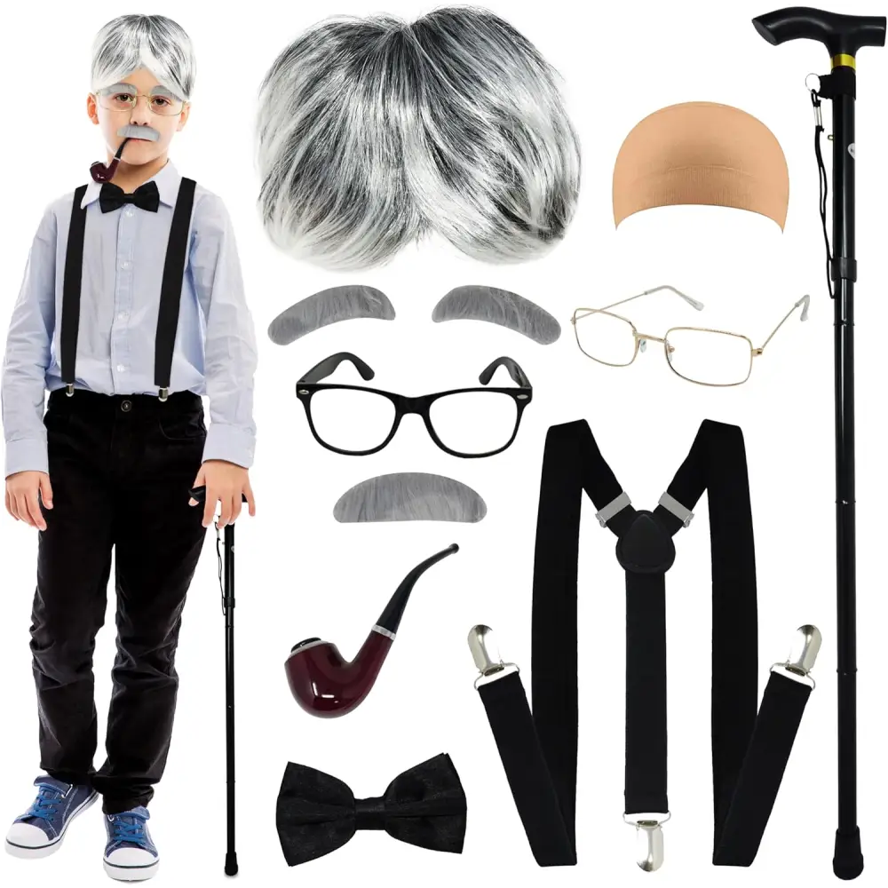 4E’s Novelty Old Man Costume – 10-Pc Grandpa Dress-Up Kit with Wig & Cane for Kids - Costumes & Accessories