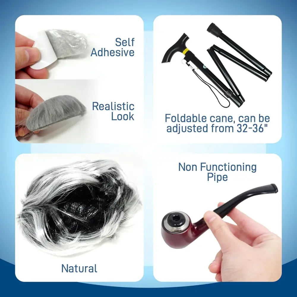 4E’s Novelty Old Man Costume – 10-Pc Grandpa Dress-Up Kit with Wig & Cane for Kids - Costumes & Accessories