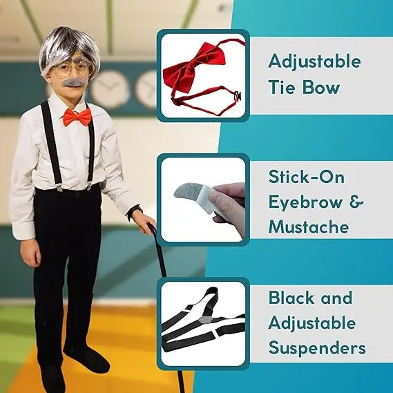 4E’s Novelty Old Man Costume – Suspenders Mustache Eyebrows & Bow Tie for Kids - Costumes & Accessories