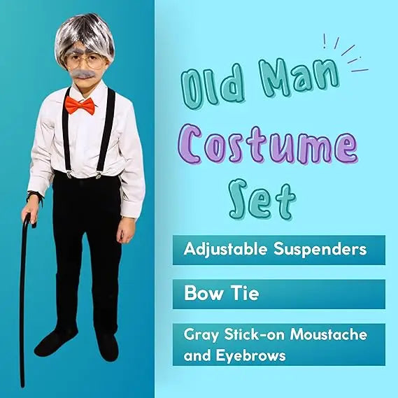 4E’s Novelty Old Man Costume – Suspenders Mustache Eyebrows & Bow Tie for Kids - Costumes & Accessories