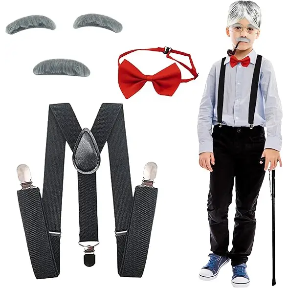 4E’s Novelty Old Man Costume – Suspenders Mustache Eyebrows & Bow Tie for Kids - Costumes & Accessories