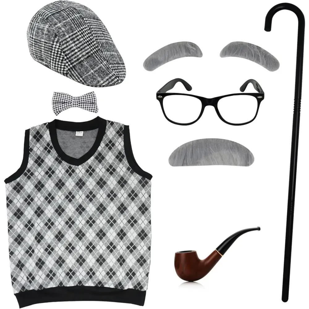 4Eโs Novelty Old Man Costume โ Vest Cane & 8-Pc Dress-Up Kit for Kids (Medium) - Costumes & Accessories