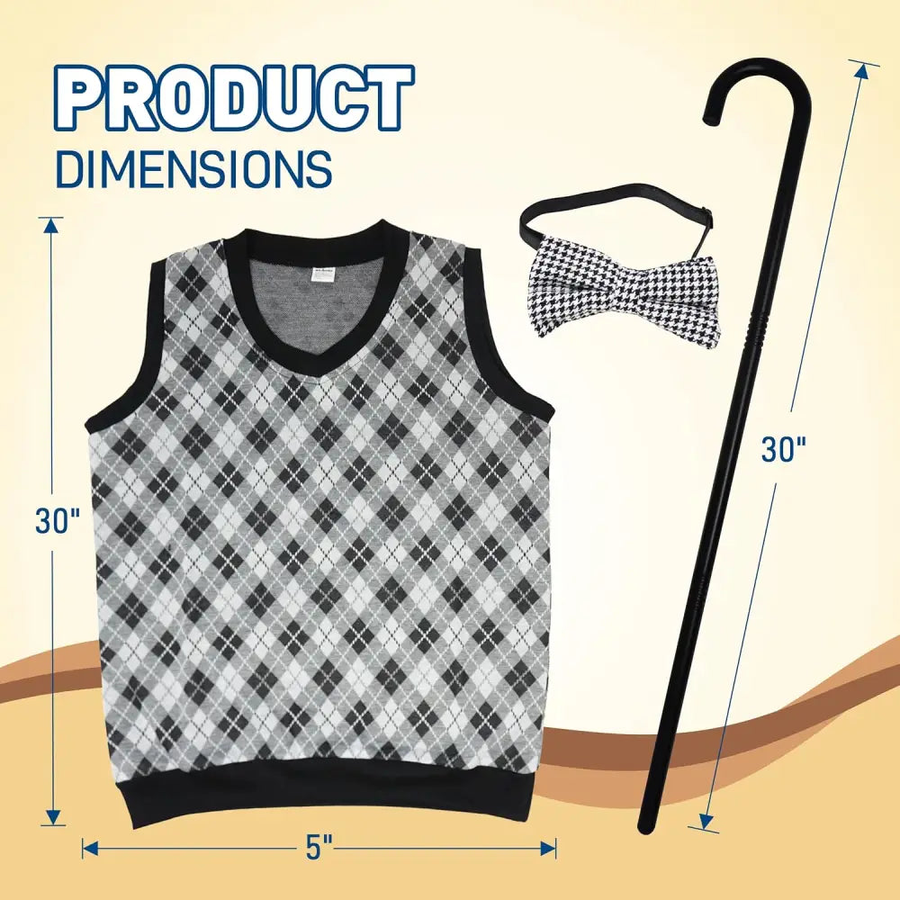 4Eโs Novelty Old Man Costume โ Vest Cane & 8-Pc Dress-Up Kit for Kids (Medium) - Costumes & Accessories