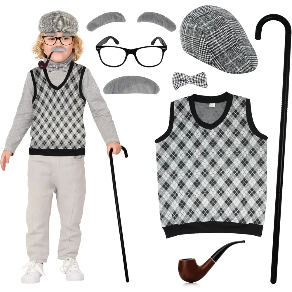 4Eโs Novelty Old Man Costume โ Vest Cane & 8-Pc Dress-Up Kit for Kids (Medium) - Costumes & Accessories