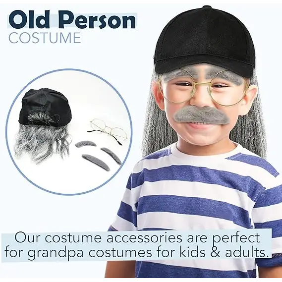 4Eโs Novelty Old Man Kit โ Hat Wig Glasses Mustache & Eyebrows for Kids & Adults - Costumes & Accessories