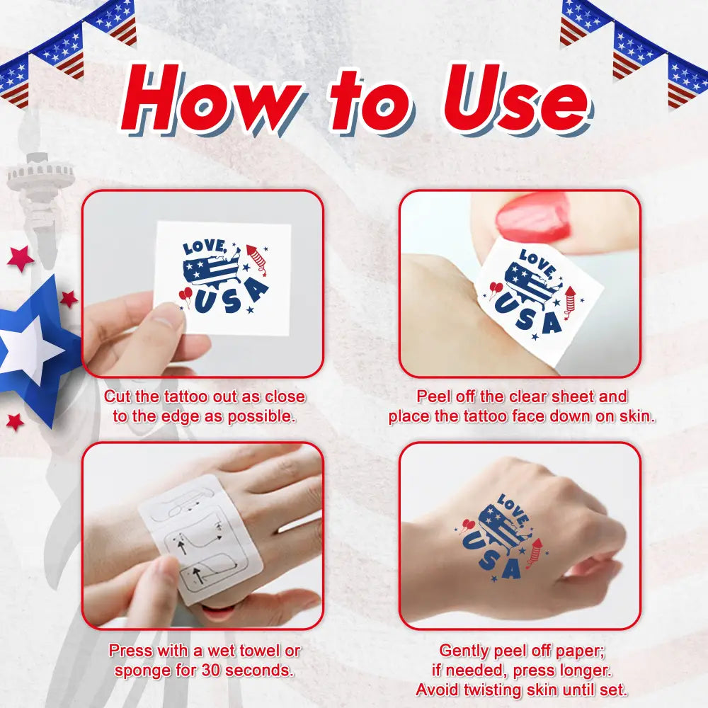 4Eโs Novelty Patriotic Temporary Tattoos 100 Pcs 4th of July Tattoos Fake Tattoos for Independence Day Party Supplies